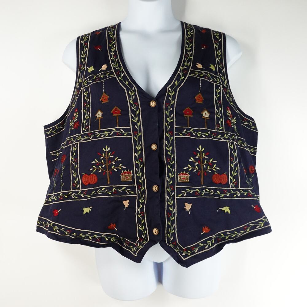 Bobbie Brooks Vtg Women's Vest 22W/24W Blue Embroidered Fall Harvest School